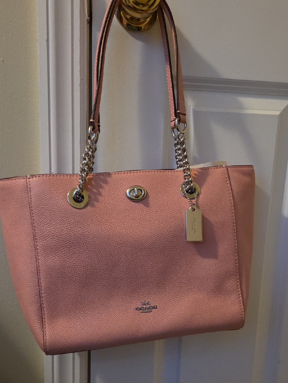 Coach Pink Leather Tote with Gold-Tone Chain Accents